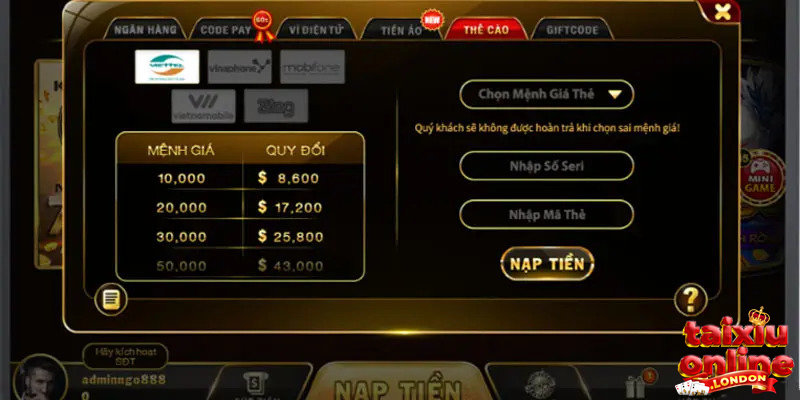 Nạp tiền vào tài khoản Tài Xỉu online